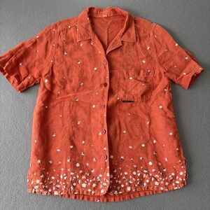 Chlorophylle Floral Linen Shirt Womens L Orange Button Up Short Sleeve Outdoor